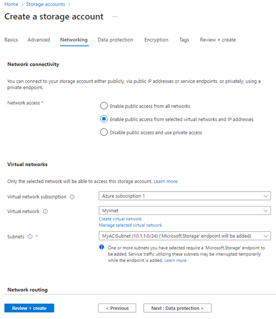 Onglet Networking du compte de stockage