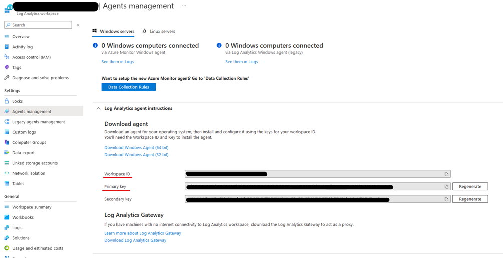ID et clé du Log Analytics Workspace