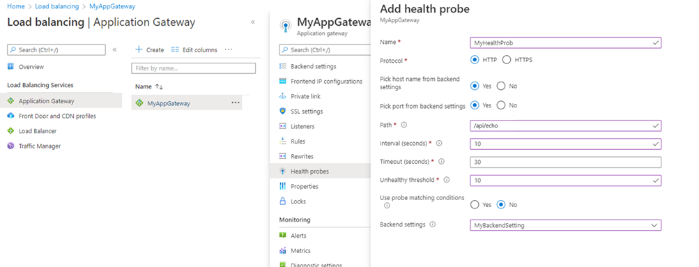 Configuration de la health probe de l'Application Gateway