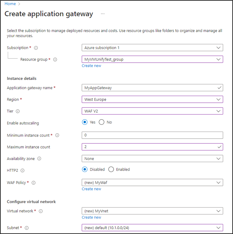 Onglet basique de l'Application Gateway
