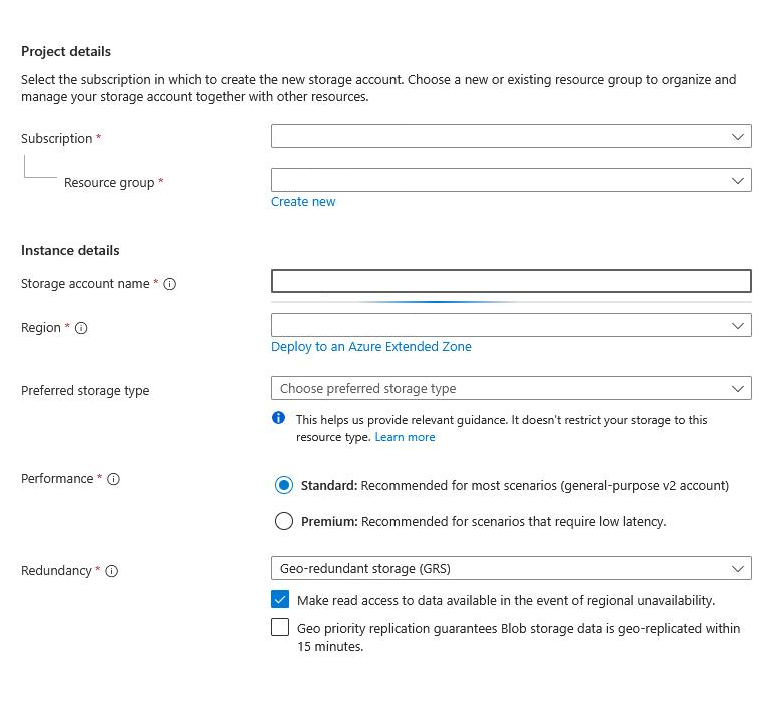 Onglet Basics du compte de stockage