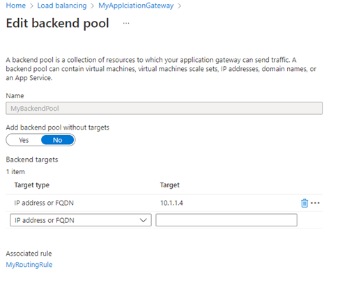 Configuration du backend pool de l'Application Gateway