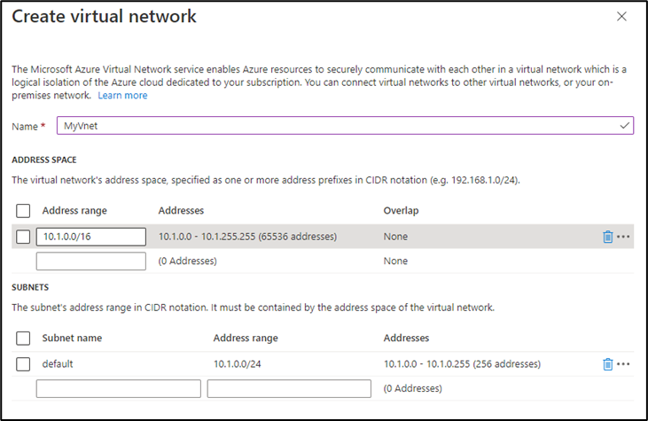 Configuration du VNET