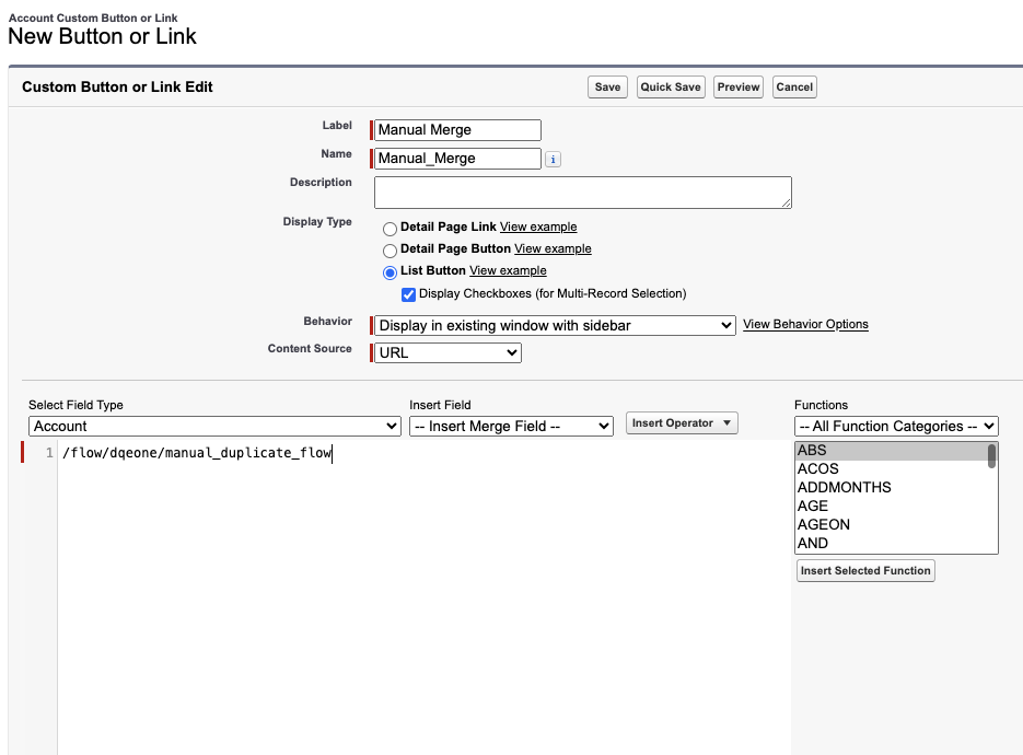 New Button or Link configuration