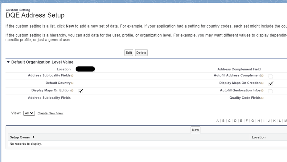 Default organization custom setting instance