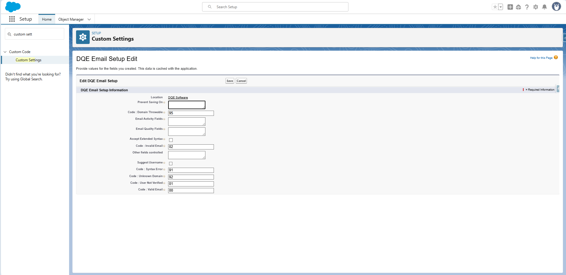 DQE Email Setup custom setting