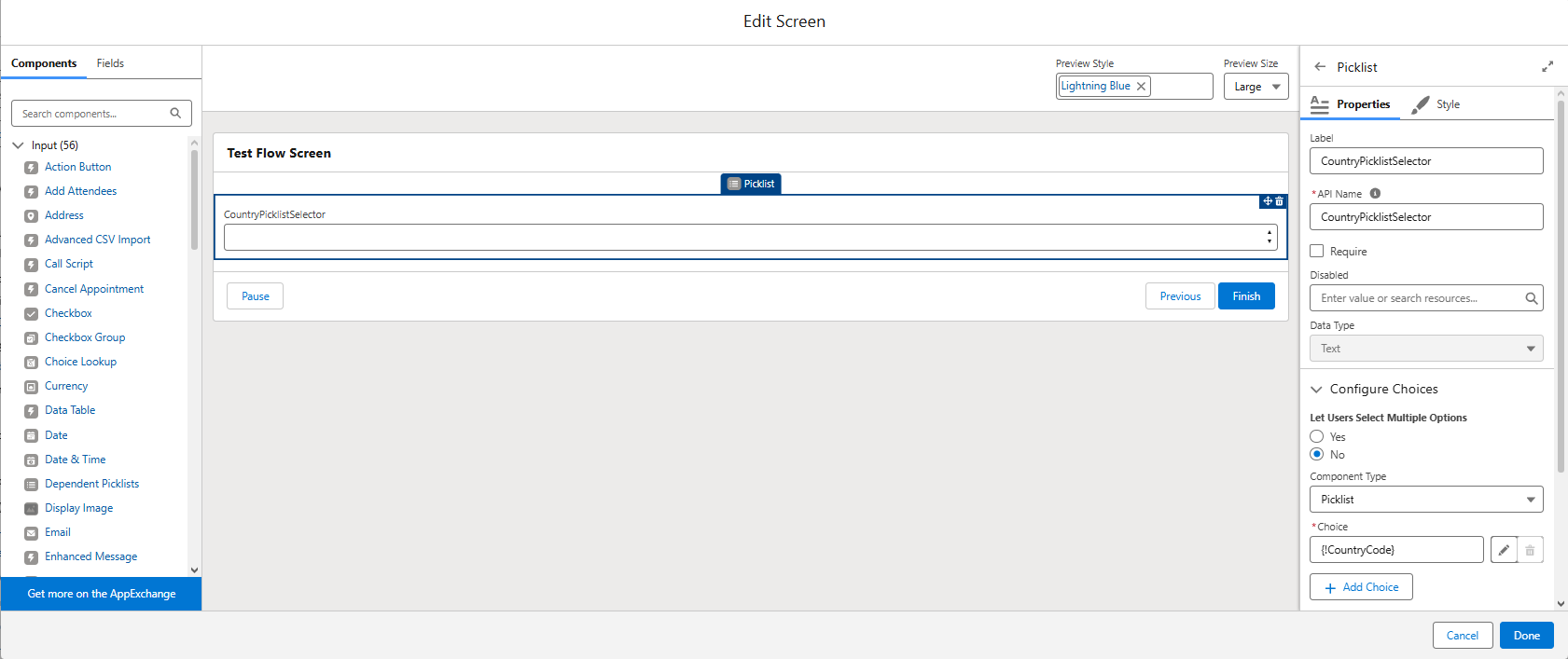 Country picklist Screen Flow