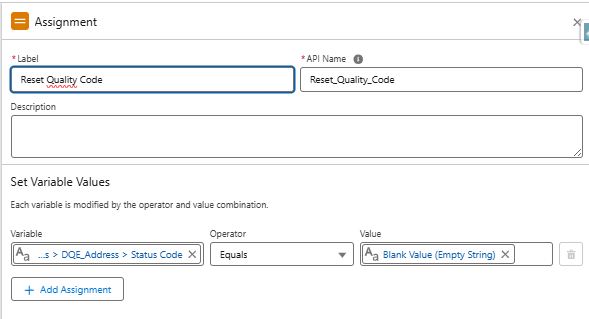 Reset Quality Code assignment