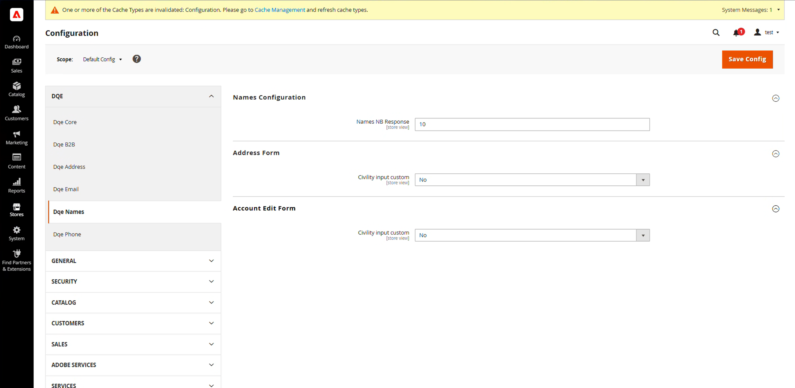 Configuration de la saisie personnalisée de la civilité pour DQE Names dans Adobe Commerce
