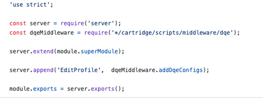 Exemple de code du middleware SFCC SFRA ajoutant la configuration DQE au dictionnaire de pipeline