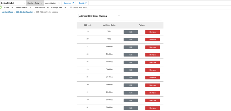 Formulaire de création ou de modification d'un mapping de code de validation DQE dans Business Manager SFCC