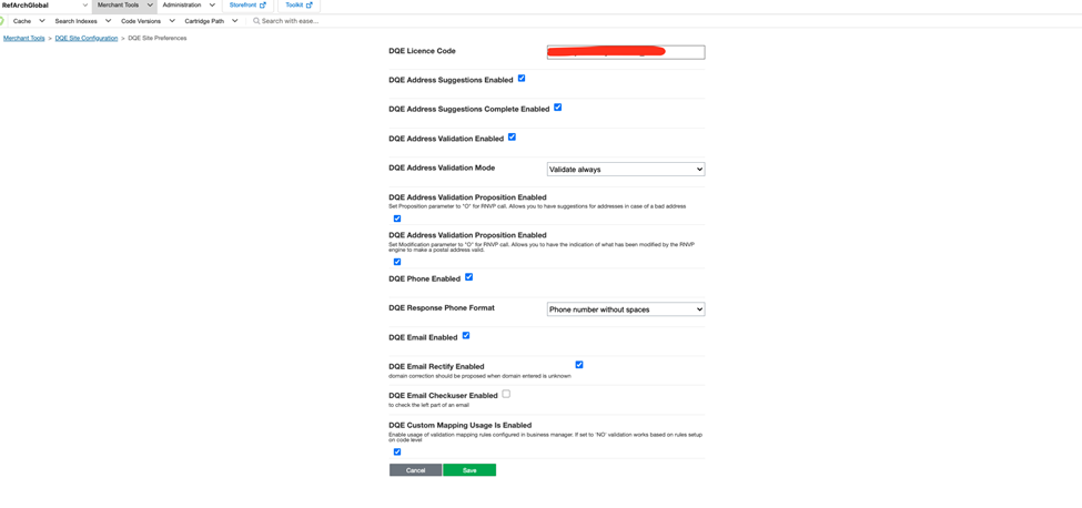 Écran du module Préférences de site DQE dans Business Manager SFCC