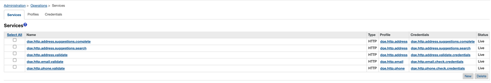Liste des services dans Business Manager SFCC affichant les services HTTP DQE