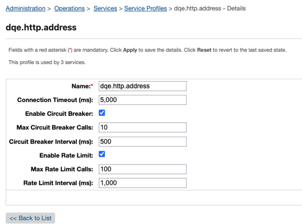 Écran de configuration d'un profil de service DQE dans Business Manager SFCC