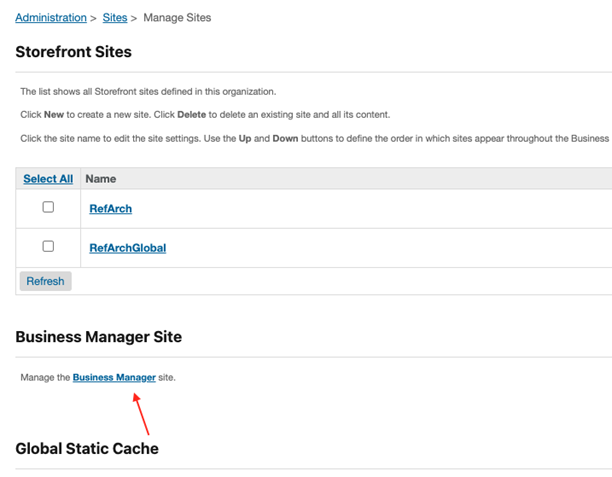 Lien Salesforce Commerce Cloud pour gérer le site Business Manager