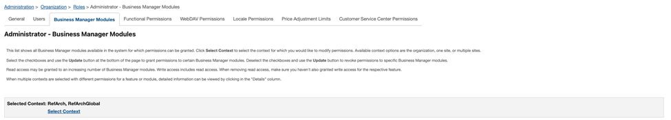 Configuration de l'accès aux Business Manager Modules pour DQE dans Salesforce Commerce Cloud