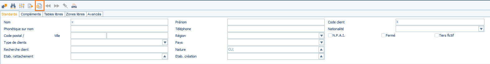 Écran de profil client Cegid Y2 pour la création d'une nouvelle fiche client