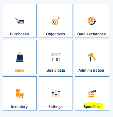 Menu principal de Retail Y2 avant l'activation de l'option Specifics