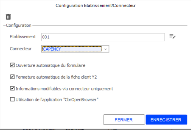 Écran de configuration store-connector de Retail Y2 avec les paramètres du connecteur DQE