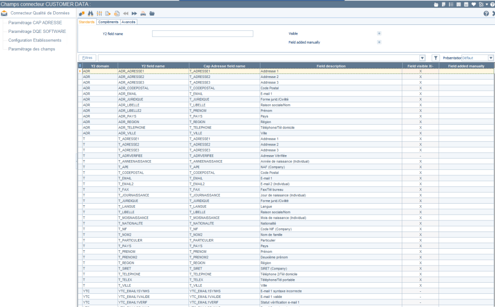 Écran de configuration des champs de Retail Y2 pour le Data quality connector