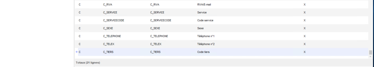 Champs de la table CONTACT Retail Y2 disponibles dans les paramètres ZRELCHAMPY2