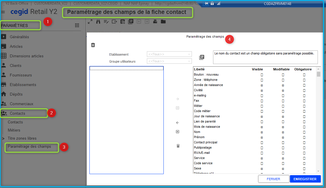 Menu Retail Y2 pour le paramétrage des champs du formulaire de contact