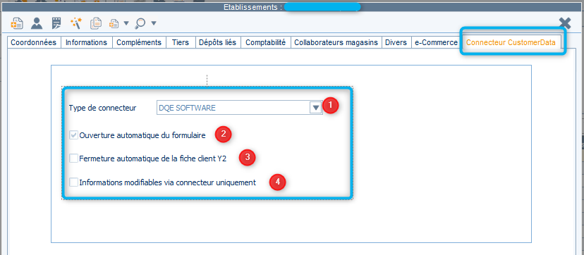 Fiche établissement Retail Y2 affichant le nouvel onglet des champs CUSTOMERDATA