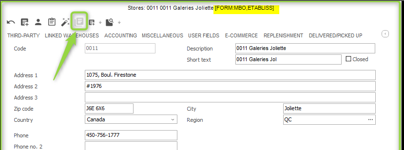 Fiche établissement Retail Y2 utilisée pour la duplication d'établissement