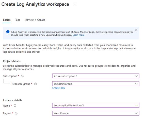 Pestaña básica de Log Analytics
