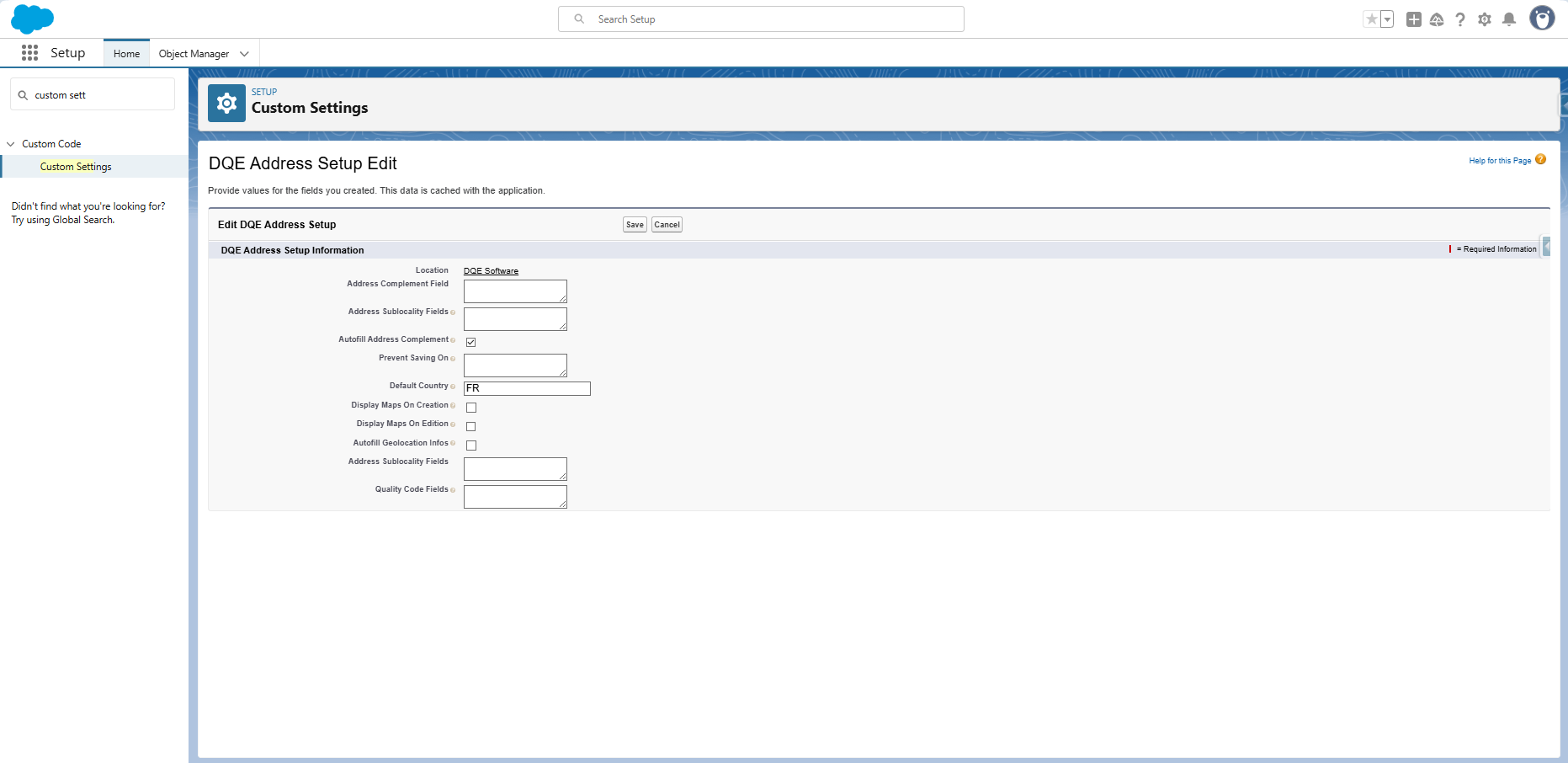 DQE Address Setup custom setting