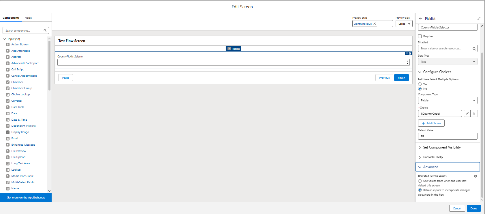 Country picklist Screen Flow configuration