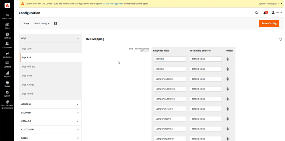 Adobe Commerce company account creation form fields mapped to SIRETINFO response values