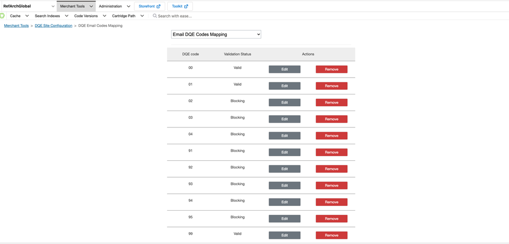 SFCC Business Manager DQE validation code mapping list