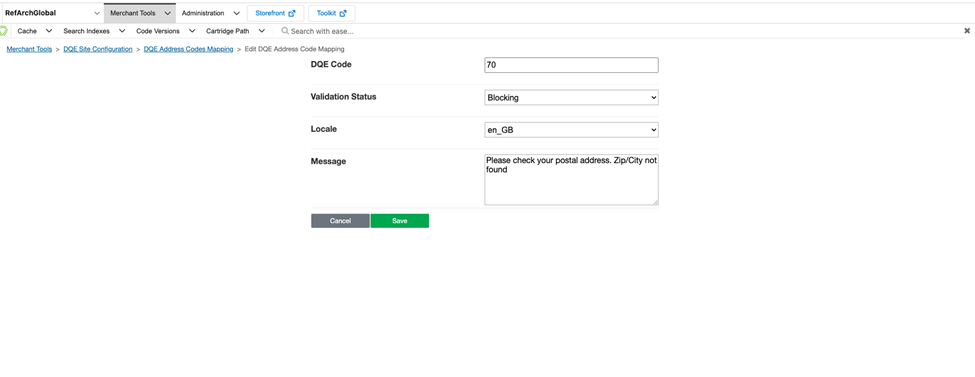 SFCC Business Manager localized display message field for a DQE code mapping