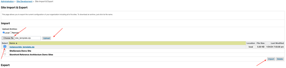 Salesforce Commerce Cloud Site Import and Export page for importing DQE metadata
