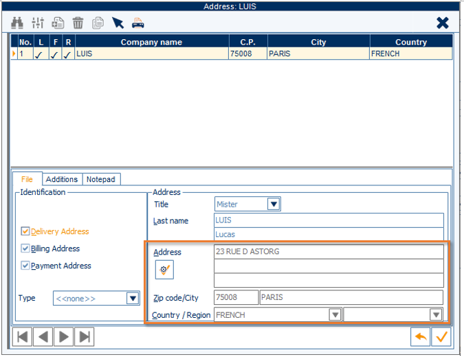 Cegid Y2 complementary data menu showing the Addresses option