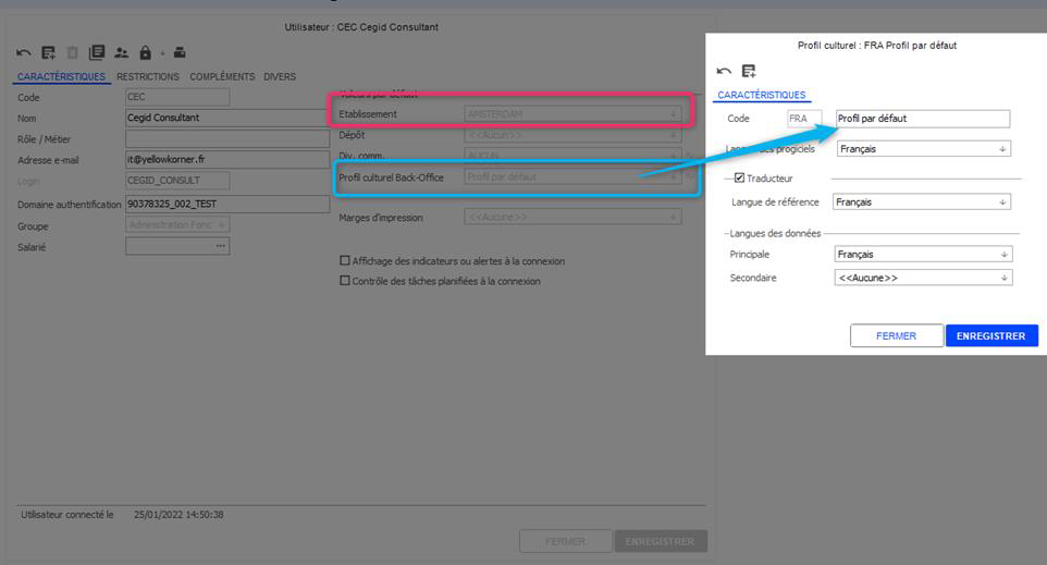 Cegid Y2 field configuration for the T_LANGUE customer language field
