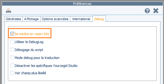 Retail Y2 Preferences window with SAV vision enabled in the Debug tab