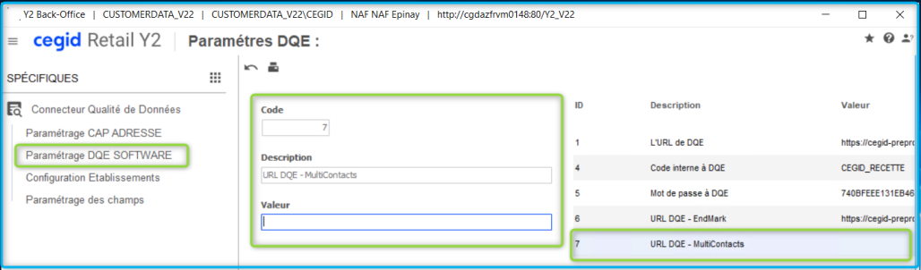 Retail Y2 parameter screen showing the contact web page URL setting