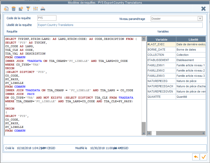 Cegid Y2 country export request template result screen