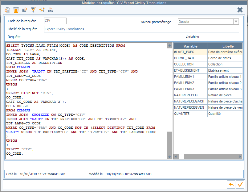 Cegid Y2 civility export request template result screen
