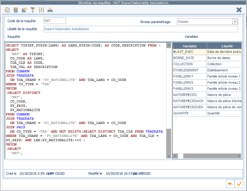 Cegid Y2 nationality export request template result screen