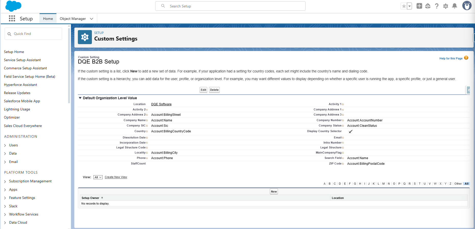 DQE B2B Setup Custom Setting