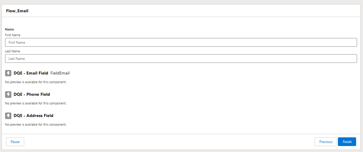 DQE-Komponente zu einem Salesforce-Flow-Bildschirm hinzugefügt