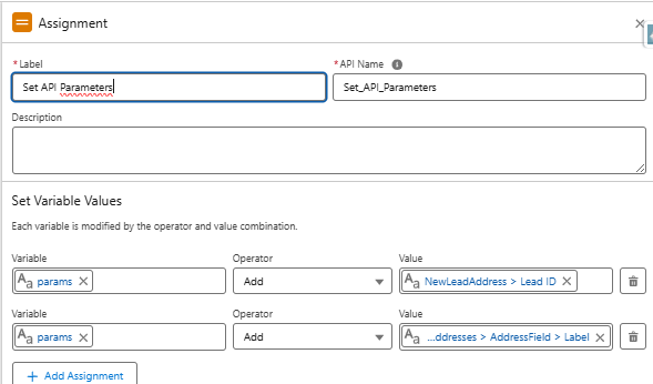 Zuweisung Set API parameters