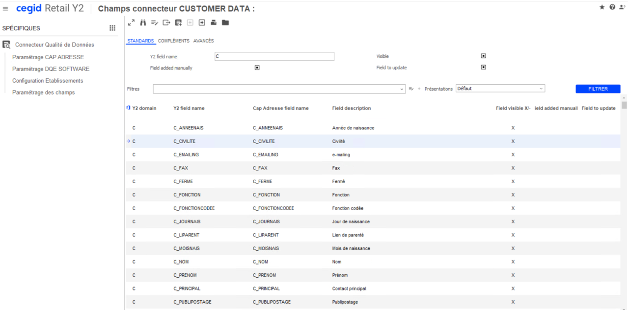 Retail Y2 menu for accessing CONTACT table field settings